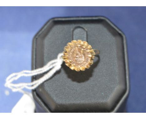 A small gold Mexican coin, in 9ct yellow gold ring mount, 3.6g.