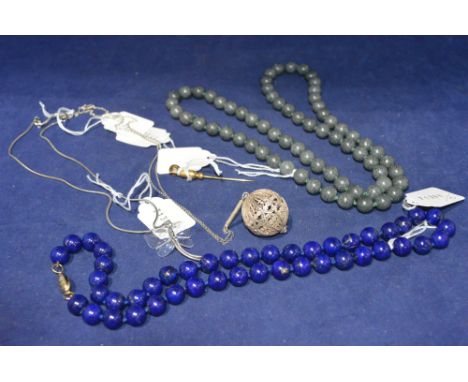 A pearl set stick pin; together with stone and white metal necklaces.