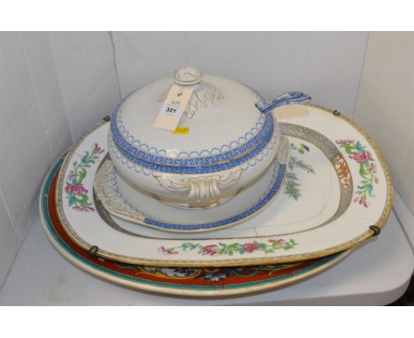 Two meat plates, one by B. &amp; Co. in Sandringham pattern, the other in Indian Tree; and a soup tureen with ladle and on st