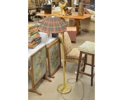 A modern standard lamp; two needlework firescreens; an occasional chair; and a wooden stool with tapestry seat. (5)