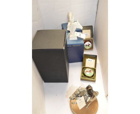 A pair of Royal Worcester horse busts, Aethon and Pyroeis; Crummles horse interests enamel patch boxes, boxed; and a cold pai