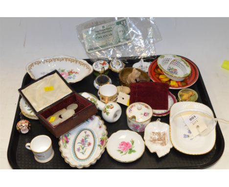 Small ceramic items, makers include: Poole, Coalport; Royal Crown Derby, Worcester, and Minton; Chinese mother of pearl gamin