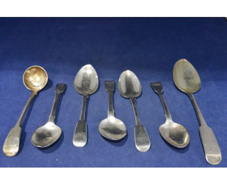 A silver table spoon, five desert spoons and a toddy ladle.