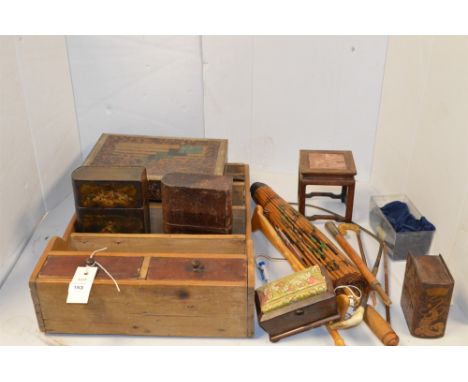 A small pine wall shelf; book pattern boxes; a miniature Chinese table; two riding crops; a silver topped cane finial; brief 