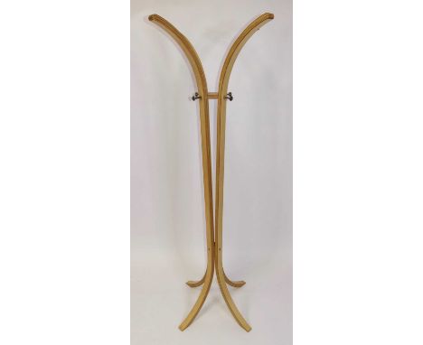 A Modernist bent plywood coat/hat stand, the curved plywood sections united by chromed metal hooks, of Allen key construction