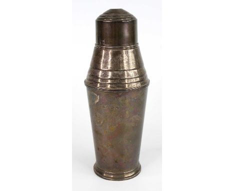 An Art Deco silver cocktail shaker by Elkington &amp; Co, of plain slightly stepped tapering form, comprised of four parts, e