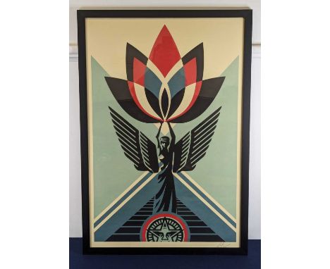 Shepard Fairey (American b.1970), Winged figure holding a lily, lithograph, signed lower right, 90 x 60cm