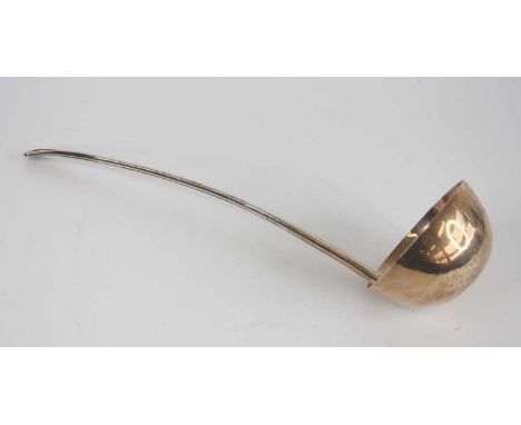 An Irish silver soup ladle in the Art Deco taste, having plain deep circular bowl, the integral curved stem having raised str