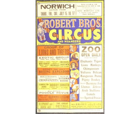 Robert Brothers Circus - a vintage lithographic colour poster, titled; 'Eaton Park Norwich', printed by W.E. Berry Ltd, Bradf