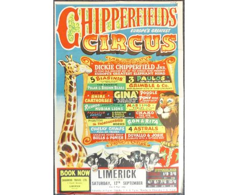 Chipperfields Circus - a vintage colour lithographic poster, titled; 'Dickie Chipperfield Jnr, Europe's Greatest Elephant Her