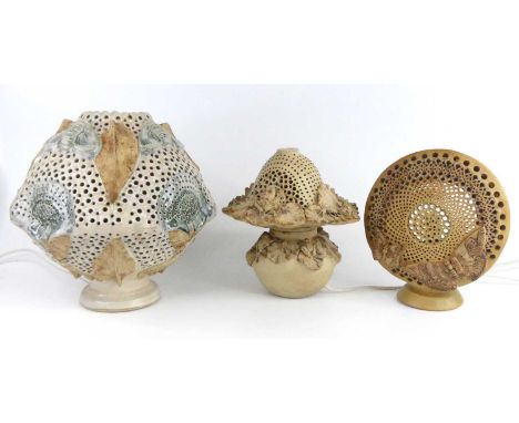 Bernard Rooke (b.1938) - a large studio pottery table lamp, of mid-bulbous form, typically decorated with butterflies, leaves