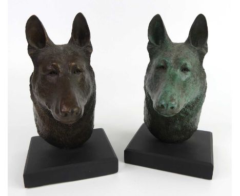 Michael Button - Dawn, pair of bronze dog bust groups, one of mid to dark brown patina and the other of green patina, each na