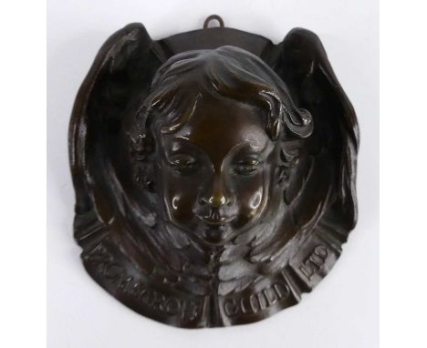 Bromsgrove Guild of Applied Arts - an early 20th century bronze maquette plaque, modelled as a bust portrait of a winged putt