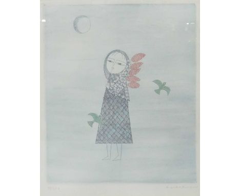 Keiko Minami (1909/11-2004) - Girl with Green Birds, etching printed in colours, signed and numbered '88/250' in pencil to th