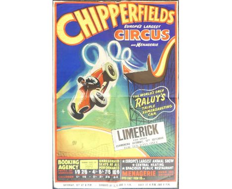 Chipperfields Circus - a vintage colour lithographic poster, titled; 'The World's Only Raluy's Triple Somersaulting Car, at F