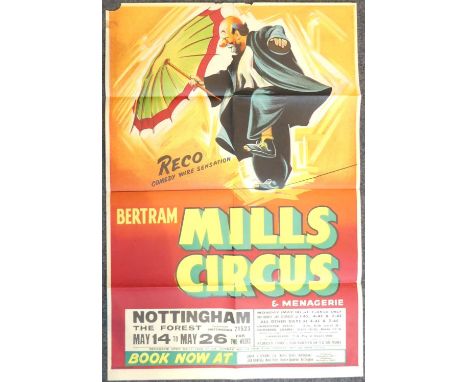 Bertram Mills Circus - a vintage colour lithographic poster, titled; 'Reco Comedy Wire Sensation, at The Forest, Nottingham',