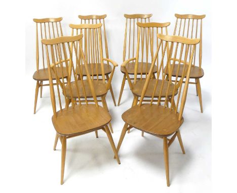 A set of eight Ercol blond elm 'Goldsmith' stickback dining chairs, 'Model 369 and 369A' (6+2), elbow chair w.62cm, side chai