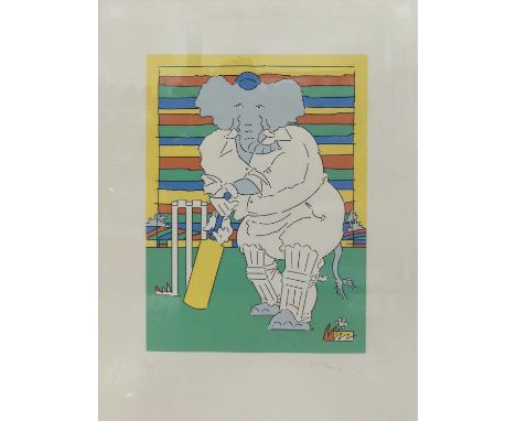 Brian Grimwood (b.1948) - Elephant playing cricket, lithograph printed in colours on wove paper, signed and numbered '26/30' 