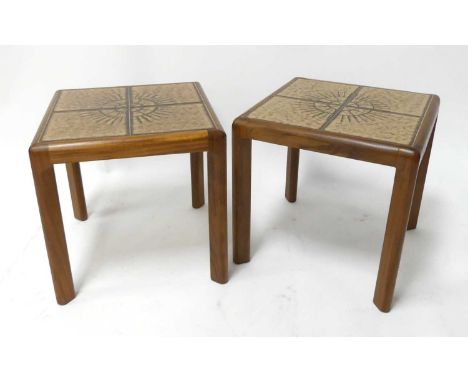 A pair of 1970s G-Plan teak and tile-top inset square low occasional tables, with 'G-Plan' labels verso, h.44cm, w.44cm, d.44