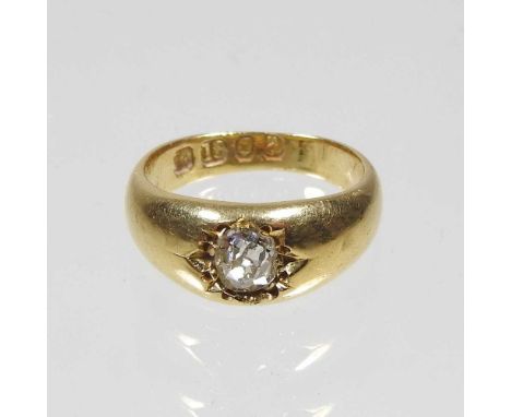 An 18 carat gold old cut solitaire diamond gypsy ring, approximately 0.5 carats, 5.1g, size GOverall condition is complete bu