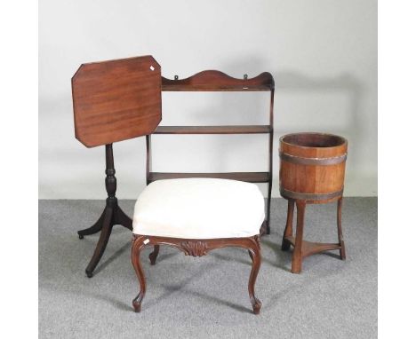 An early 20th century coopered oak jardiniere, 57cm high, together with a 19th century mahogany tripod table, a cream upholst