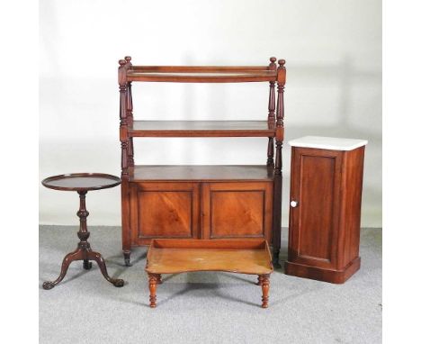A Victorian mahogany buffet, 91cm wide, together with a Victorian bed tray, a 19th century marble top bedside cabinet and a t