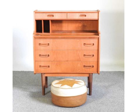 A 1970's teak secretaire, 76cm wide, together with a pouffe (2)76w x 36d x 99h cm