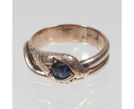 A sapphire ring, in the form of a coiled snake, unmarked, 5.6g, size O