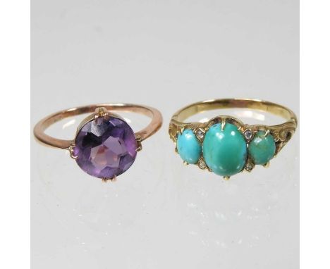 A 9 carat gold amethyst single stone ring, approximately 3.0 carats, size L/M, together with a malachite three stone dress ri