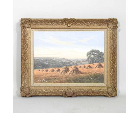 David Morgan, b1947, harvest landscape, signed with initials, oil on canvas, 30 x 40cm