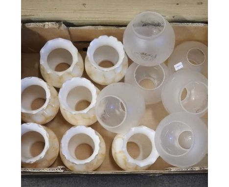 A set of seven mottled glass light shades, 15cm high and seven etched glass light shades (14)