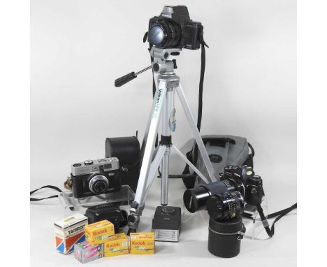 A collection of cameras and photography equipment, to include Ilford, Yashica 230, Tamron Posso lenses and case