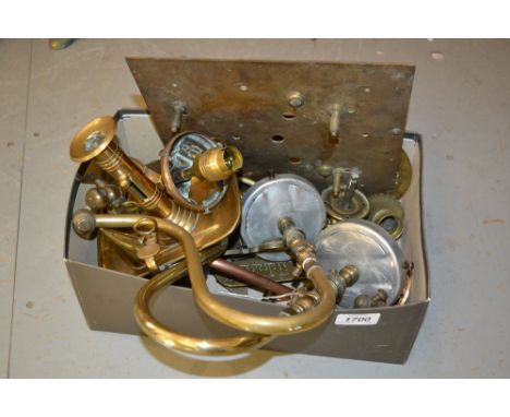 Brass chamberstick, pair of brass gas lamp arms and other various door furniture etc. including a brass longcase clock dial i