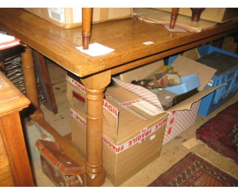 20th Century rectangular light oak refectory style table on turned supports with stretchers