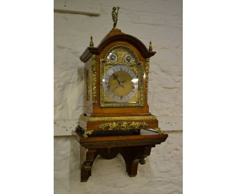 Small fine quality Edwardian golden oak and ormolu mounted bracket clock, the pagoda case with silvered dial and three train 