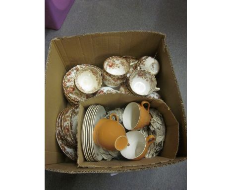 Box containing a quantity of 19th Century floral and gilt decorated dinner and teaware, another box of 1950's cups and saucer