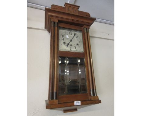 1930's German walnut cased Vienna style wall clock having square silvered dial with Arabic numerals and three train movement 