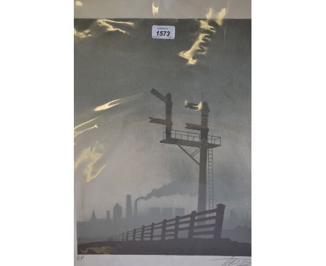Indistinctly signed artist proof print of a train signal with distant industrial town, unframed, 17ins x 13ins