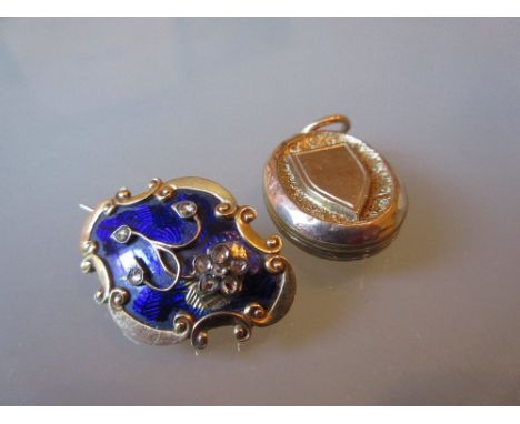 19th Century yellow metal blue enamel and diamond chips set memorial brooch together with a memorial locket inscribed ' Ever 