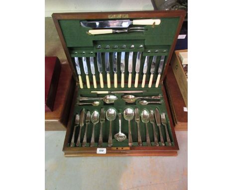 Art Deco walnut cased silver plated canteen of cutlery, silver plated bottle coaster, sucrier and small dish