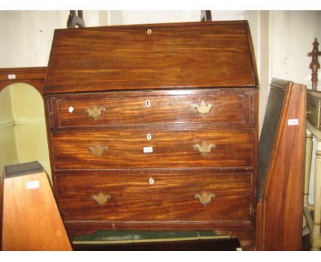 George III mahogany bureau, the fall front enclosing a fitted interior above three drawers raised on bracket feet