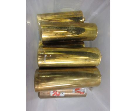 Seven various brass cased longcase clock weights