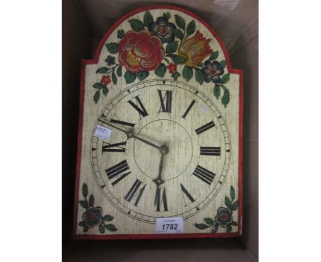 20th Century German shield clock with painted dial having Roman numerals with weight and pendulum