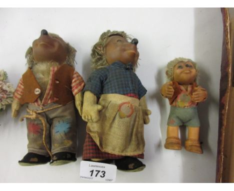 Group of three mid 20th Century Steiff animal toys together with a Continental porcelain figure (a/f), an atlas of the Britis