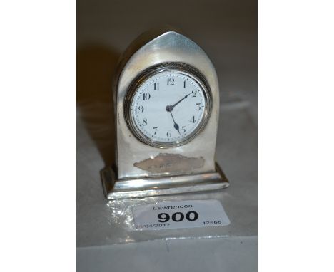 Small Birmingham silver lancet shaped mantel clock with circular enamel dial having Arabic numerals