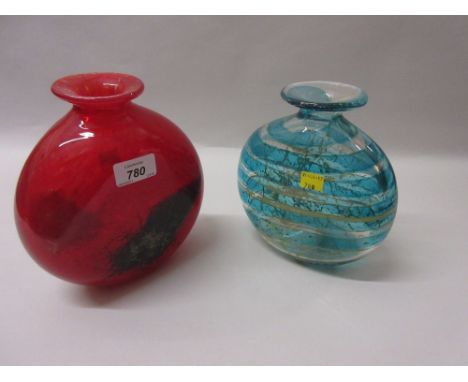 Mdina type red glass moon flask together with a similar in turquoise