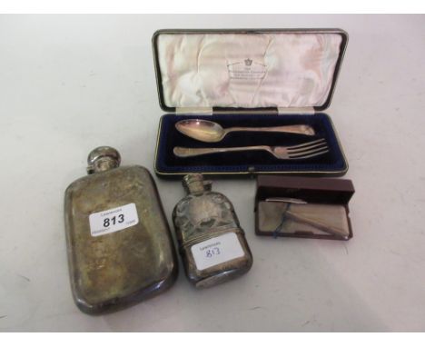 Two silver hip flasks, a cased silver Christening pair and a sterling silver tie clip