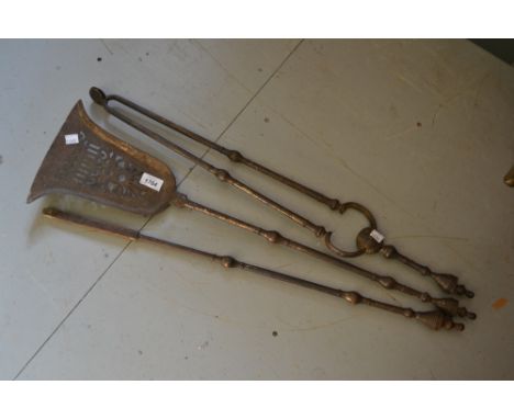 Set of three steel fireside tools including tongs, poker and shovel