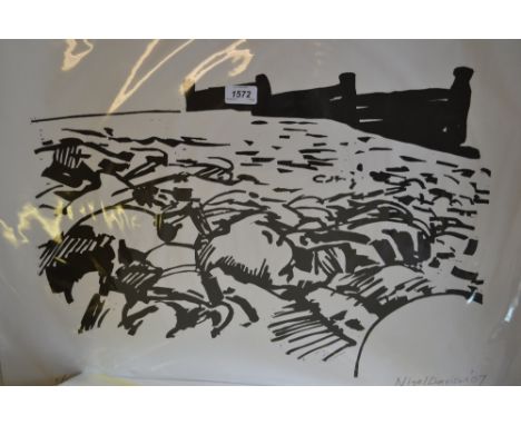 Nigel Davison, black and white lino cut print, numbered 1 of 10, ' Whitstable Breakwater ', signed in pencil, dated '07, unfr