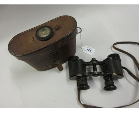 Leather cased pair of Carl Zeiss Turact military binoculars with integral compass in case